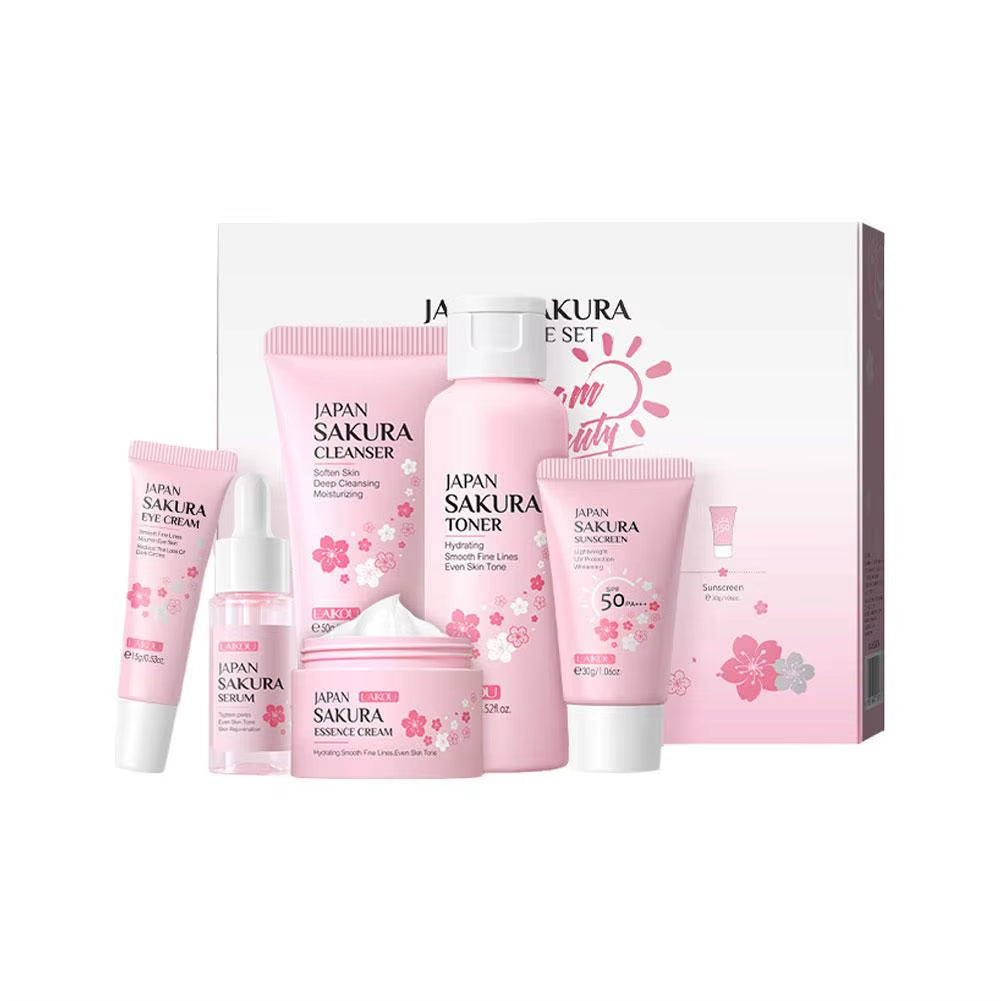 6Pcs Sakura Skin Care Set Hydrating Moisturing Smoothing Nourishing Brightening Firming Women Beauty Skincare Product